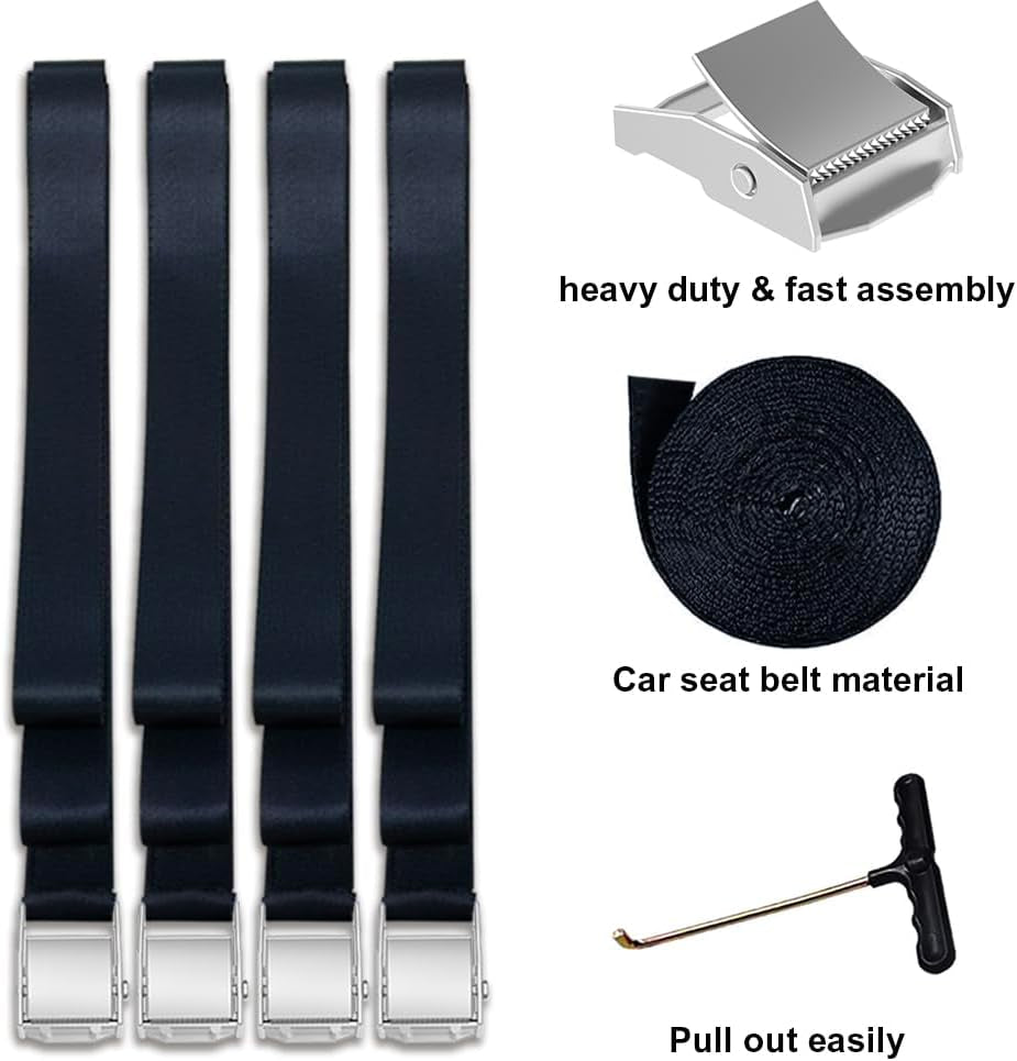 USA Trampoline Stakes Heavy Duty Trampoline Parts Corkscrew Shape Steel Stakes Anchor Kit with T Hook for Trampolines -Set of 4 Bonus 4 Strong Belt,Black