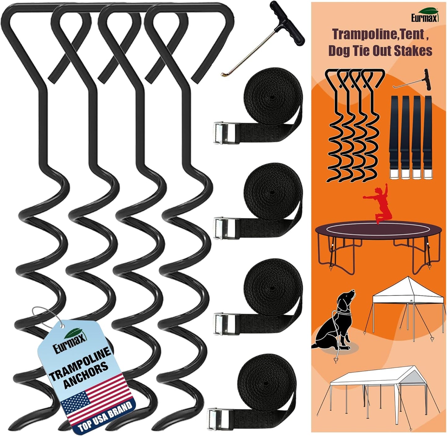 USA Trampoline Stakes Heavy Duty Trampoline Parts Corkscrew Shape Steel Stakes Anchor Kit with T Hook for Trampolines -Set of 4 Bonus 4 Strong Belt,Black